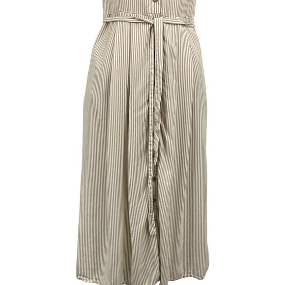 Vetta The Button Up Midi Dress Taupe Stripe Short Sleeve Buttoned Size XS Belted - Picture 3 of 9